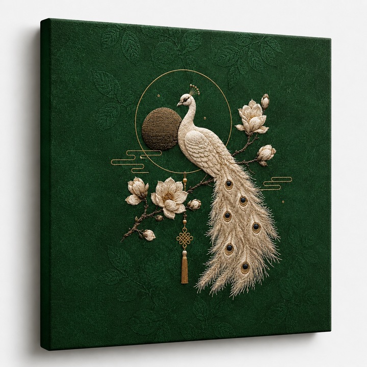 Tablou Canvas 40x40 cm cu Paun Brodat - Decor Elegant pentru Living, Dormitor sau Birou
