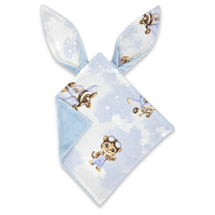 Szenzoros textil játék, Qmini, Puha, Kétoldalas, 30 x 30 cm, Minky anyagból és pamutból, Oeko Tex Standard 100 minősítésű anyagok, Sky Adventure