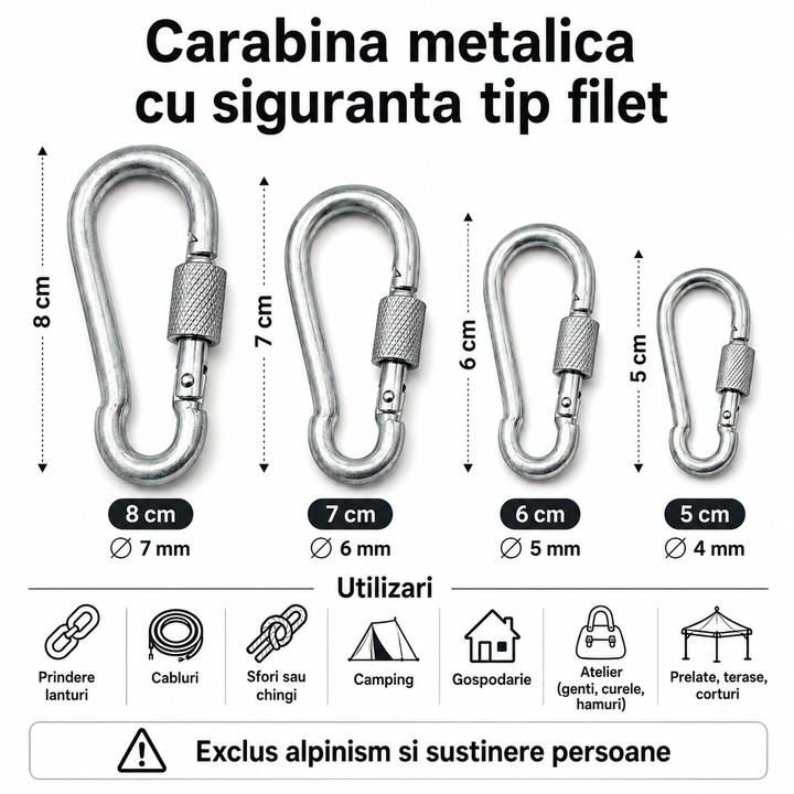 2 db fém karabiner menetes biztonsági zárral, 5 cm hosszú x 4 mm vastag, ponyvákhoz, napellenzőkhöz, láncokhoz, hevederekhez való rögzítéshez, ITALIKA