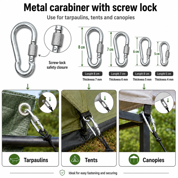 2 db fém karabiner menetes biztonsági zárral, 6 cm hosszú x 5 mm vastag, ponyvák, napellenzők, láncok, hevederek rögzítéséhez, ITALIKA