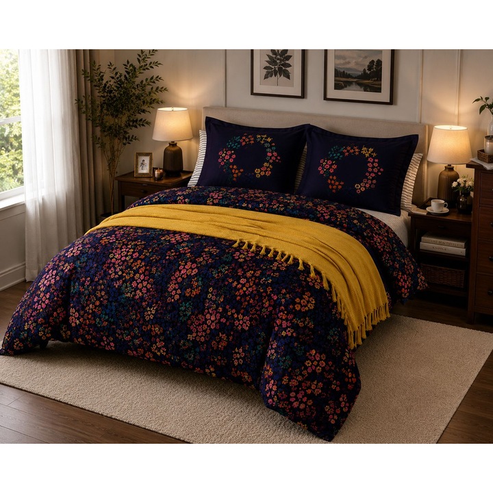 Prémium ágynemű puha takaróval és ajándék szobai parfümmel, modern design, 220 x 240 cm, 4 részes, 100%, Mulloticor, floral yellow, díszdoboz