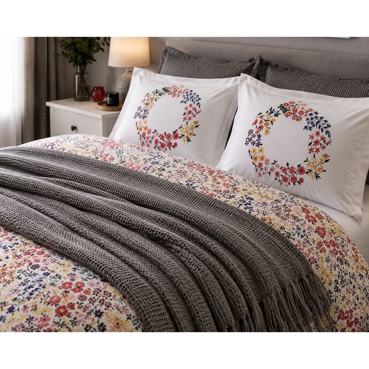 Prémium ágynemű puha takaróval és ajándék szobai parfümmel, modern design, 220 x 240 cm, 4 részes, 100%, Mulloticor, floral grey, díszdoboz