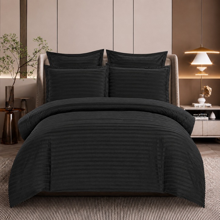 Elegáns Damaszt Ágynemű – 6 részes szett rugalmas lepedővel 180x200 cm, 2 méretű párnahuzattal, Fekete