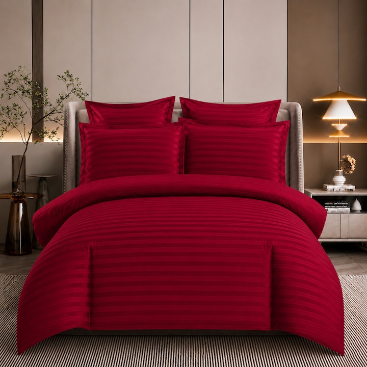 Elegáns Damaszt Ágynemű – 6 részes szett rugalmas lepedővel 180x200 cm, 2 méretű párnahuzattal, Bordó