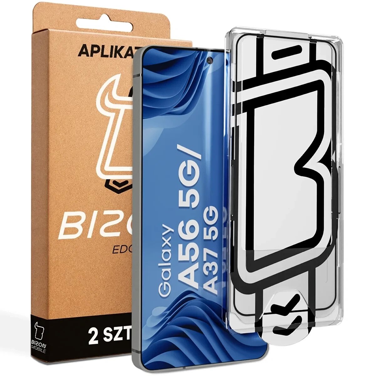 Set 2 folii sticla securizata Bizon Glass Aplikator Edge, Kit montare inclus, compatibile cu Samsung Galaxy A56 5G / A37 5G, Negru