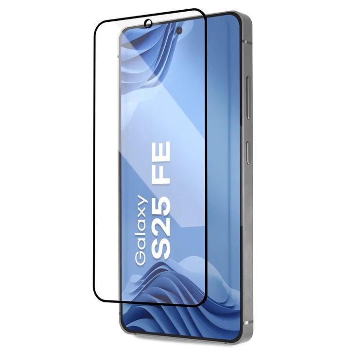 Folie sticla securizata Bizon Glass Aplikator Edge, Kit montare inclus, compatibila cu Samsung Galaxy S25 FE, Negru