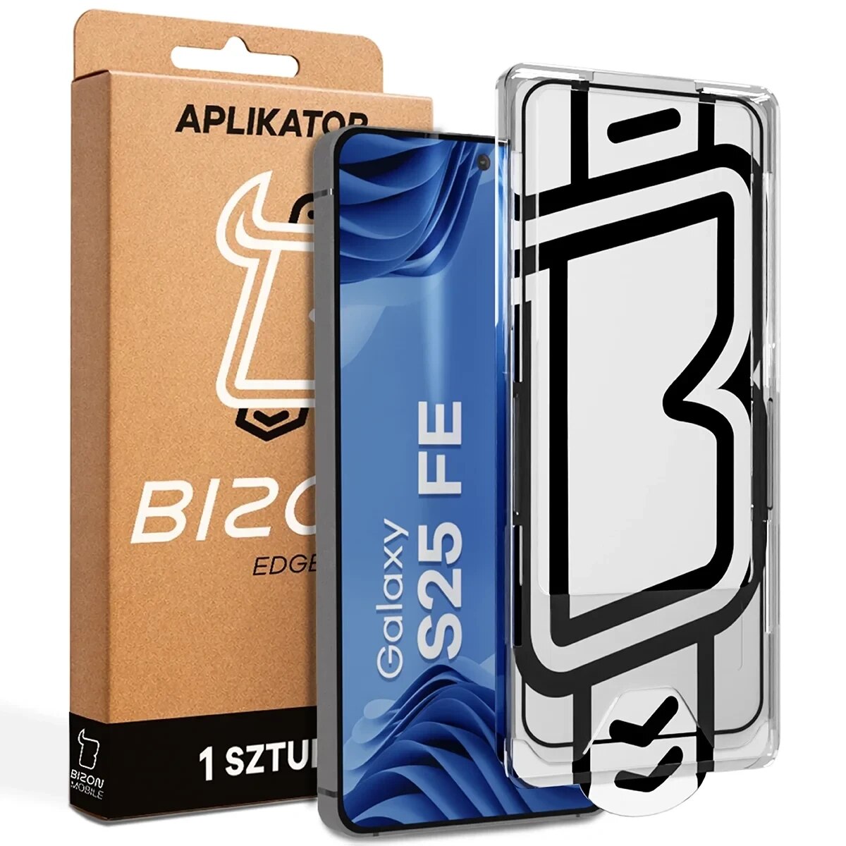 Folie sticla securizata Bizon Glass Aplikator Edge, Kit montare inclus, compatibila cu Samsung Galaxy S25 FE, Negru
