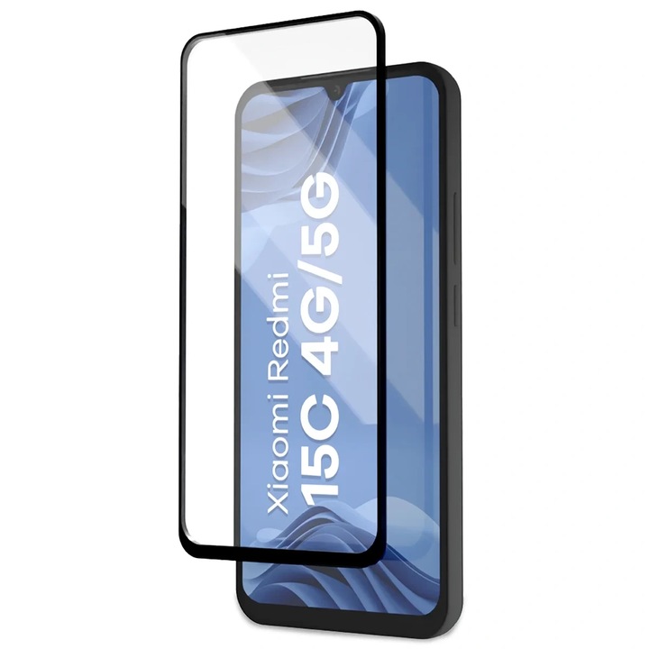 Set 2 folii sticla securizata Bizon Glass Aplikator Edge, Kit montare inclus, compatibile cu Xiaomi Redmi 15C 4G / 5G, Negru