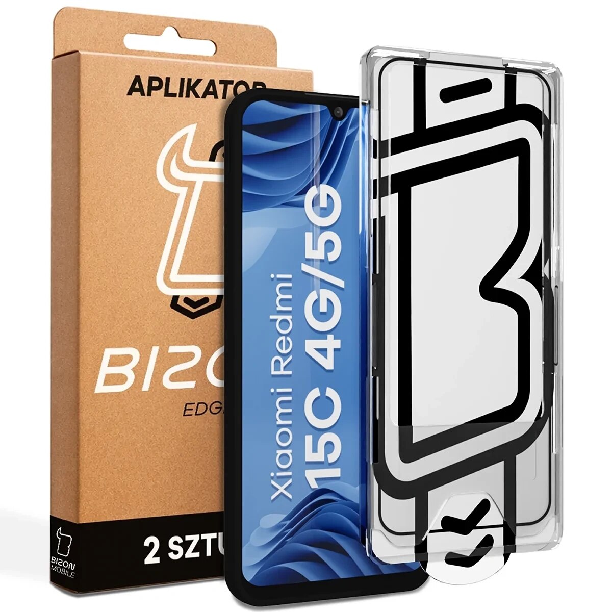 Set 2 folii sticla securizata Bizon Glass Aplikator Edge, Kit montare inclus, compatibile cu Xiaomi Redmi 15C 4G / 5G, Negru