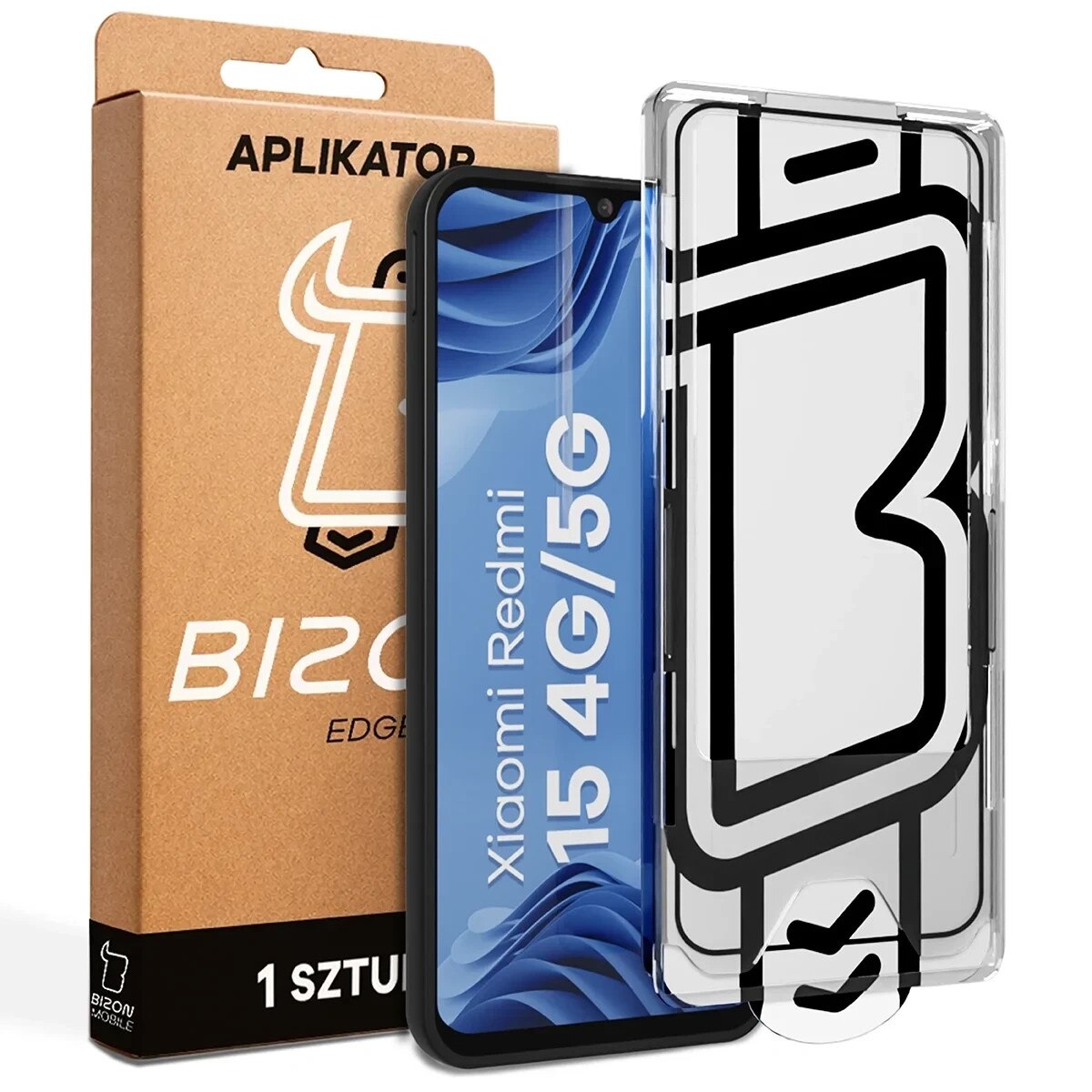 Folie sticla securizata Bizon Glass Aplikator Edge, Kit montare inclus, compatibila cu Xiaomi Redmi 15 4G / 5G, Negru