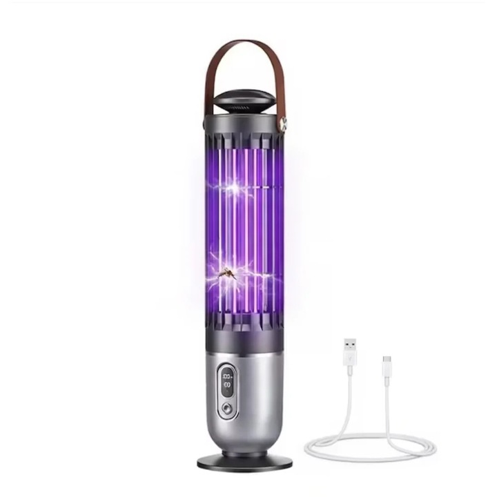 USB újratölthető UV lámpa szúnyogok és rovarok ellen, elektromos 360°-os UV fénnyel, hordozható beltéri és kültéri használatra, digitális LED kijelzővel, csendes, fekete/ezüst