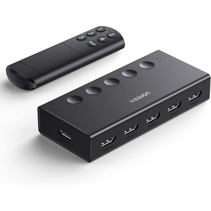 UGREEN HDMI kapcsoló 5 bemenet 1 kimenet, HDMI 2.0, 4K 60Hz, 18Gbps, HDR/CEC/HDCP 2.2, 3D, IR távirányító, gyors váltás PS5/PS4/Xbox/Apple TV/Blu-ray/DVD, kompatibilis TV/monitor/projektor, USB-C 5V tápellátás