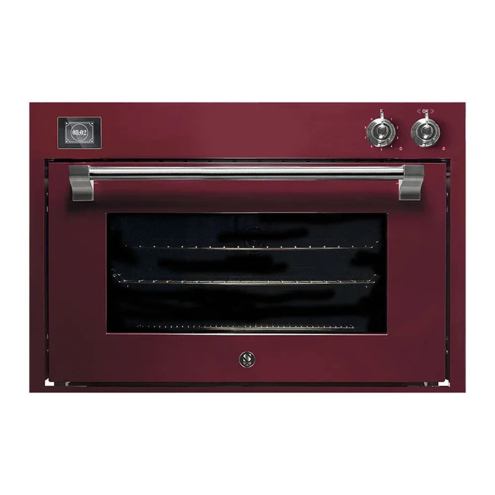 Cuptor electric premium cu aburi si convectie incorporabil Steel Cucine, colectie Ascot, capacitate 91 litri, latime 90 cm, temperatura maxima 315°C, moduri de functionare mixte, caldura superioara/caldura inferioara/abur si convectie, crom/burgundy