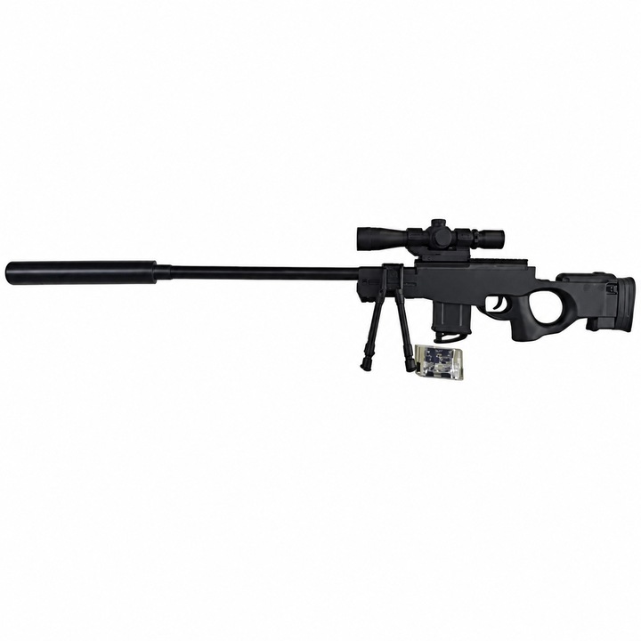 Taktikai Játékpuska Gyermekeknek 6 Év+, Sniper Modell Távcsővel, Bipoddal, Hosszú Csővel, Dekoratív Hangtompítóval, Golyótartóval, Akció Designnal, Precíziós Játék és Kiegészítők Szerepjátékhoz, Fekete