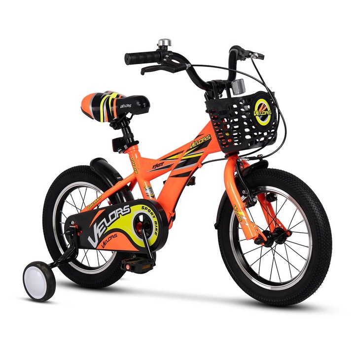 Велосипед MTB за деца Galaxy JSXV1401A 14", помощни колела, кошница, калници, предни V-Brake спирачки, задна барабанна спирачка, алуминиеви капли, за момчета 3-5 години, оранжев/зелен