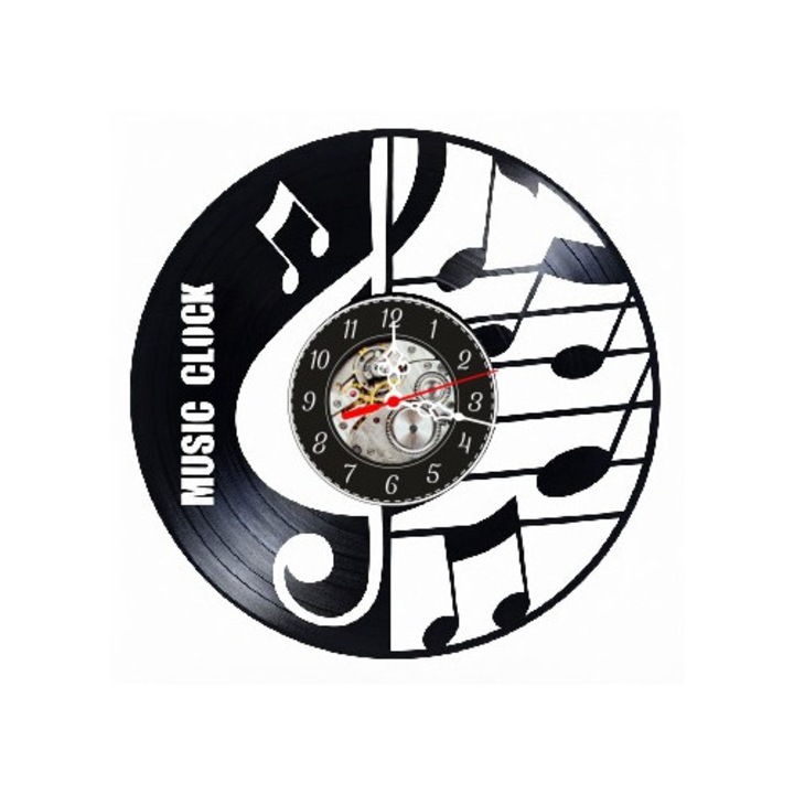 Dekoratív falióra bakelit lemezből, G-kulcs és Zenei hangjegyek kottán mintával, Music Clock felirattal, Fekete, 30 cm