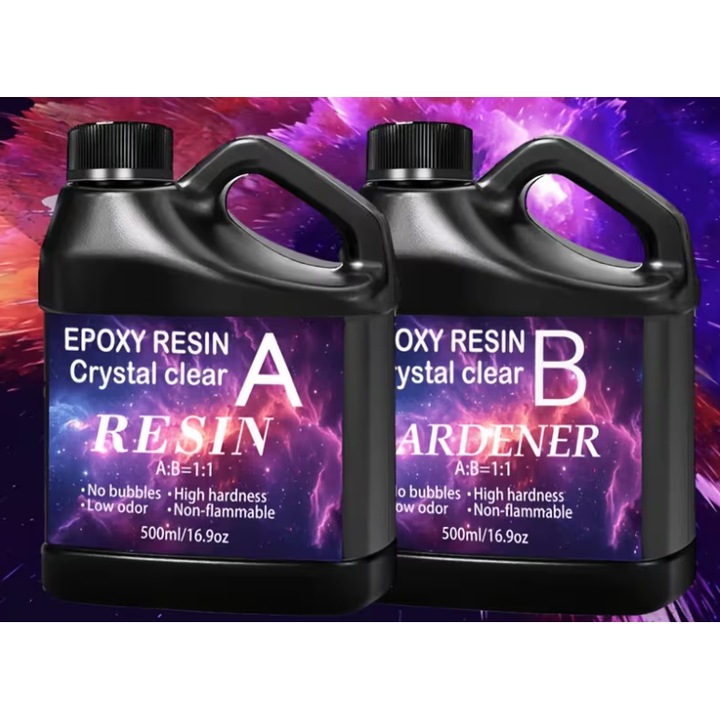 Kristálytiszta, önterülő, UV- és ütésálló EBIN epoxigyanta - 1000 ml, magasfényű, asztalokhoz, munkalapokhoz, ékszerekhez, tálcákhoz, formákhoz és barkács projektekhez