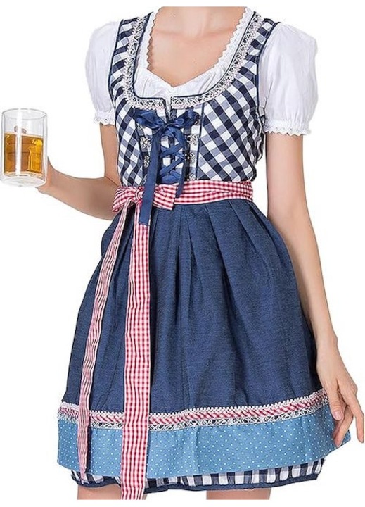 Női bajor ruha, Hipantall, Dirndl, Midi, L méret, Pamut-poliészter anyag, Kék piros díszítéssel, 5 részes szett