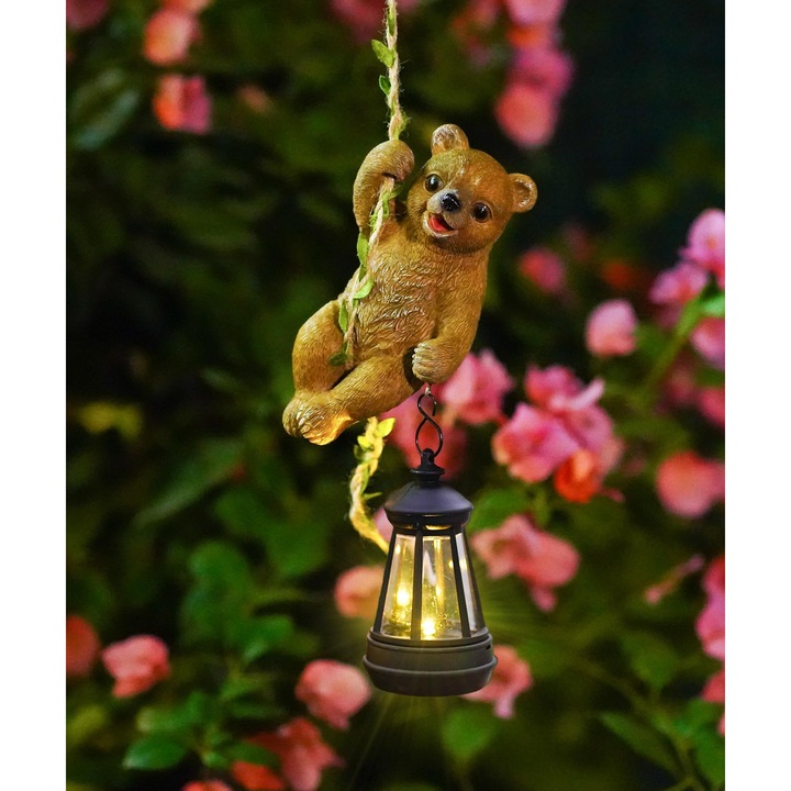 Goodeco függő kerti figura, maci napelemes lámpással, 16,3 cm, LED, szürkületérzékelő, barna, beépített napelem, kertbe, erkélyre és teraszra
