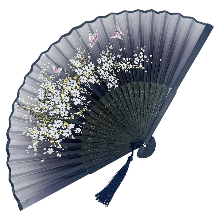 Evantai elegant SAKURA cu Flori, Negru in degrade, Textil/ Bambus