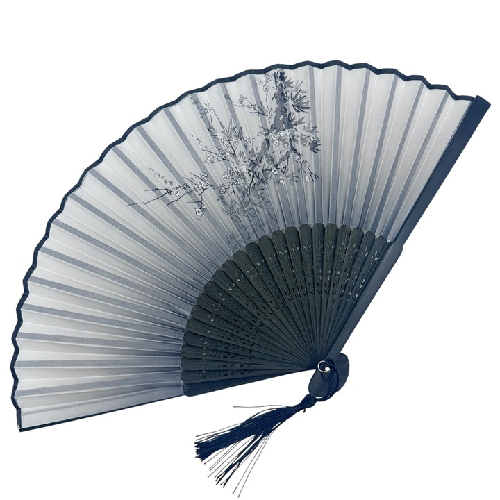 Evantai elegant KYOTO cu Flori, Gri/ Negru, Textil/ Bambus