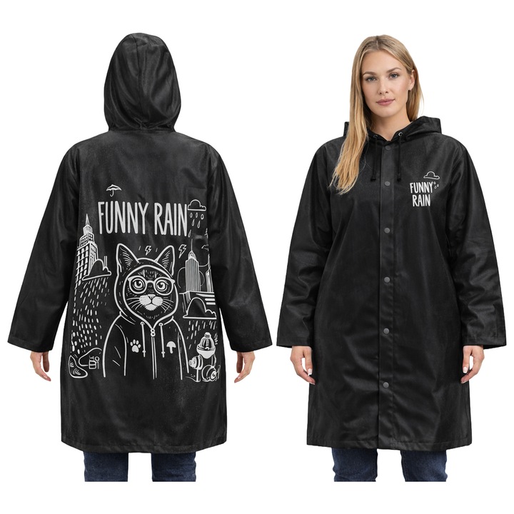 Pelerina de ploaie cu imprimeu unisex CAT negru