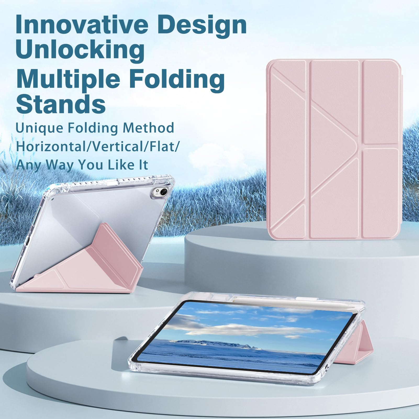 Husa tableta, pentru HUAWEI MatePad 12X, Triple Fold in forma de Y Design, Multi unghi, Capac de piele pentru tablete cu slot pentru stilou, Trezire automata / somn，Roz transparent