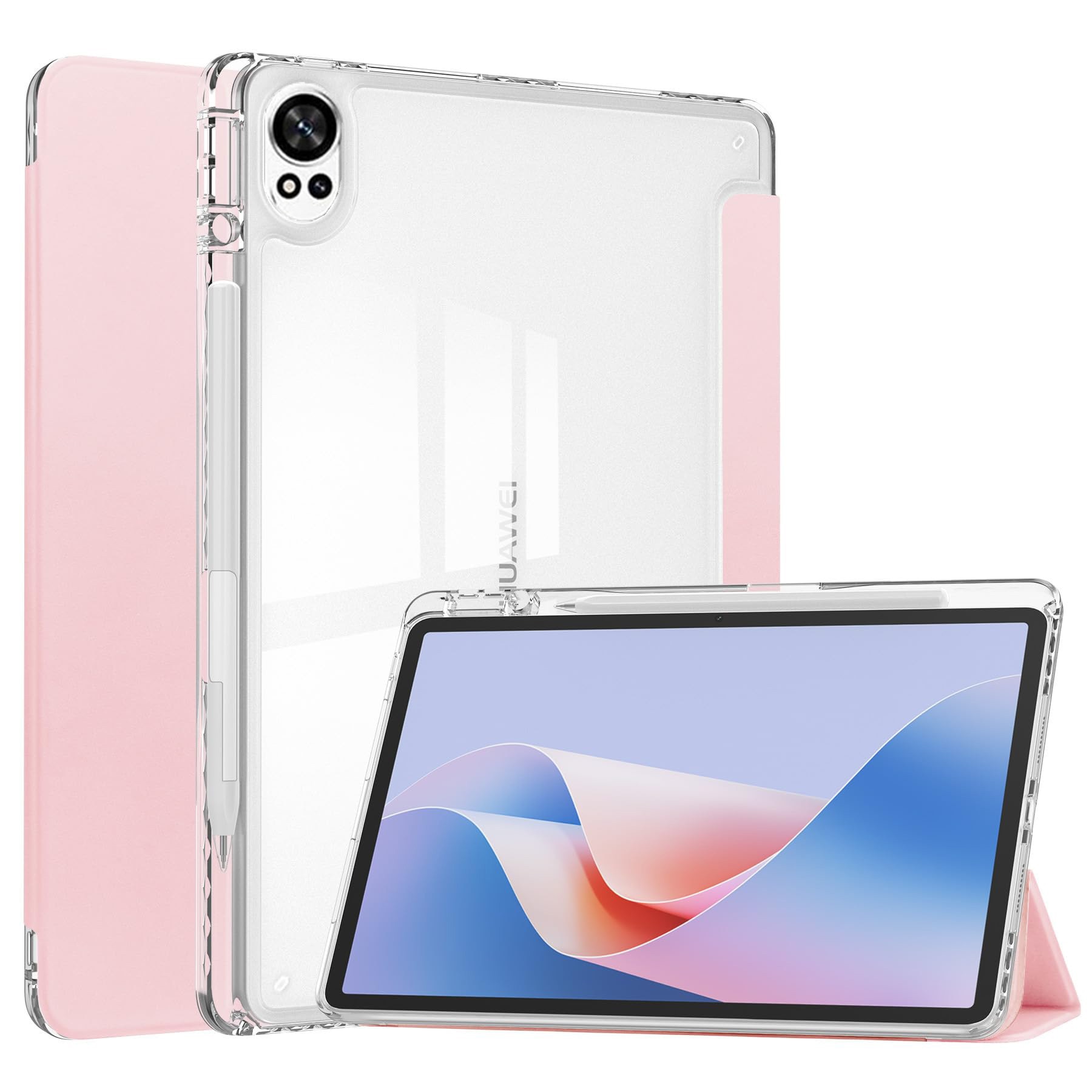 Husa tableta, pentru HUAWEI MatePad 12X, Triple Fold in forma de Y Design, Multi unghi, Capac de piele pentru tablete cu slot pentru stilou, Trezire automata / somn，Roz transparent