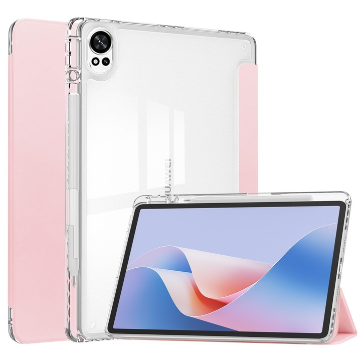 Husa tableta, pentru HUAWEI MatePad 12X, Triple Fold in forma de Y Design, Multi unghi, Capac de piele pentru tablete cu slot pentru stilou, Trezire automata / somn，Roz transparent