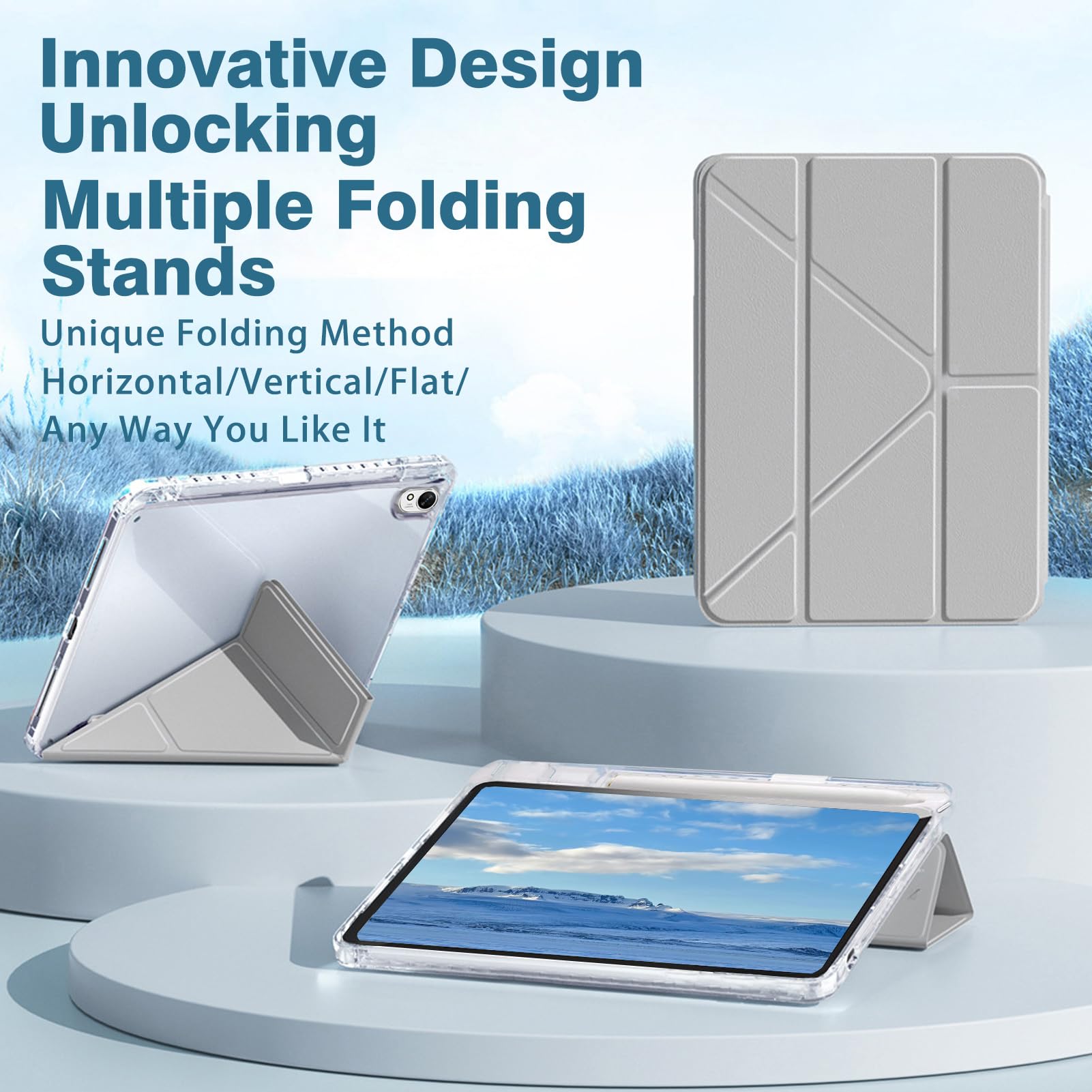Husa tableta, pentru Honor Pad X9a 11.5 Inch, Triple Fold in forma de Y Design, Multi unghi, Capac de piele pentru tablete cu slot pentru stilou, Trezire automata / somn，Gri argintiu