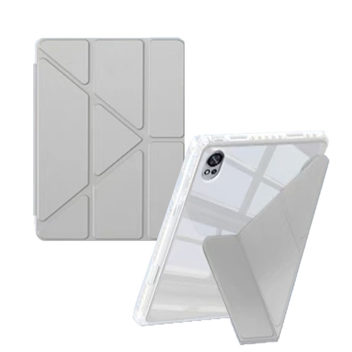 Husa tableta, pentru HUAWEI MatePad 12X, Triple Fold in forma de Y Design, Multi unghi, Capac de piele pentru tablete cu slot pentru stilou, Trezire automata / somn，Gri transparent