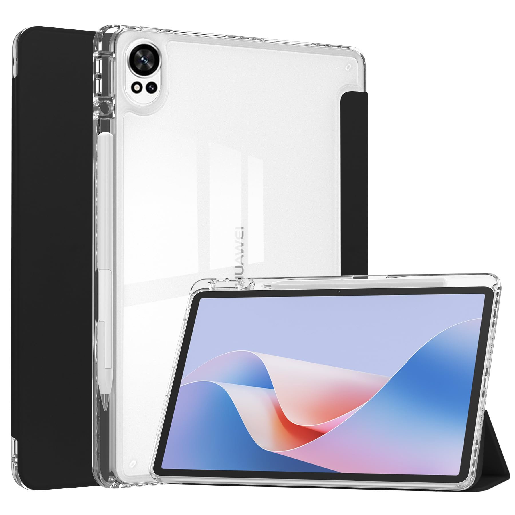 Husa tableta, pentru HUAWEI MatePad 12X, Triple Fold in forma de Y Design, Multi unghi, Capac de piele pentru tablete cu slot pentru stilou, Trezire automata / somn，Negru, Transparent