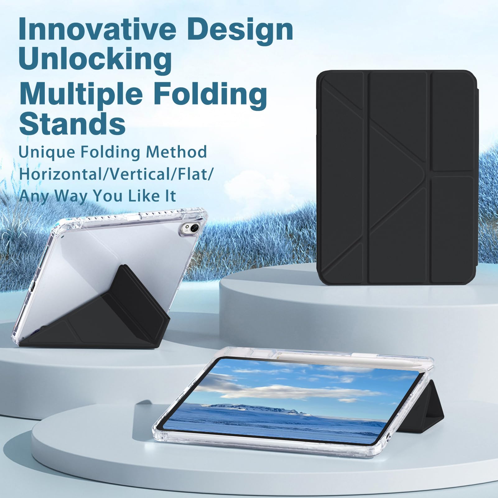 Husa tableta, pentru HUAWEI Matepad SE 11 inch, Triple Fold in forma de Y Design, Multi unghi, Capac de piele pentru tablete cu slot pentru stilou, Trezire automata / somn，Negru, Transparent