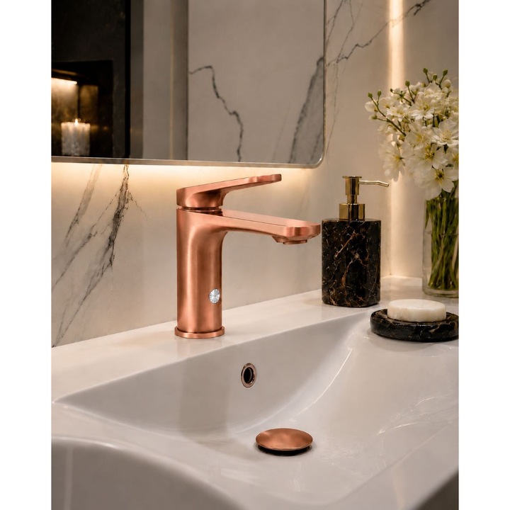 Baterie lavoar Radinavico, alama, kit instalare inclus, model rotund, rose-gold