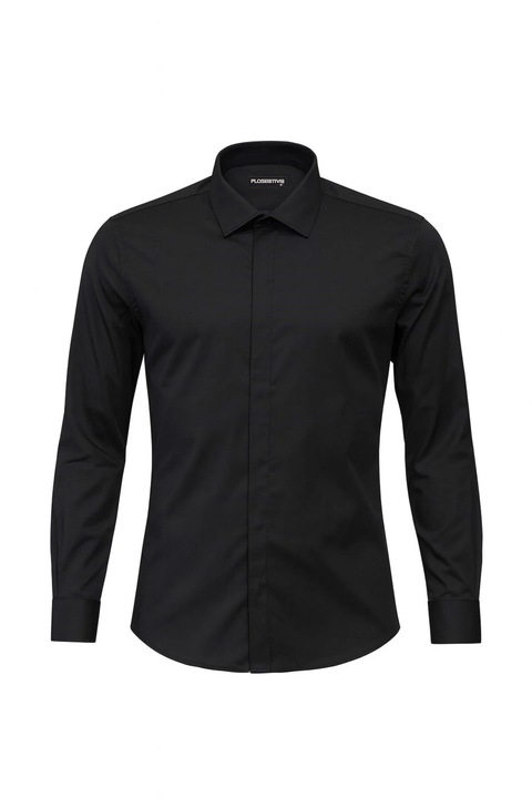 Camasa Barbateasca, Regular Fit, Butoni Cufflinks, Placheta Ascunsa, Bumbac Satinat, Negru, Negru