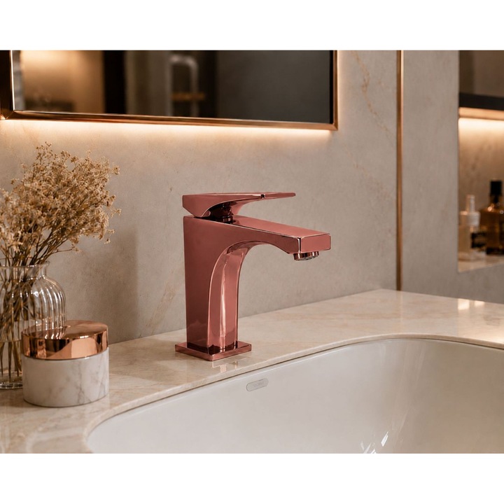 Baterie lavoar Radinavico, alama, kit instalare inclus, model patrat, rose-gold