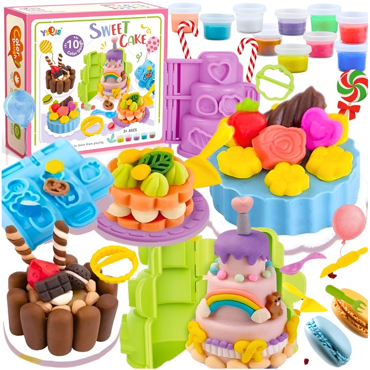 Kreatív gyurma készlet, Bounn, 10 intenzív szín, kiegészítő formák és vágók, 3D tortaformák, puha, nem mérgező, könnyen formázható formula, 21.8 x 20.8 x 5.7 cm, többszínű