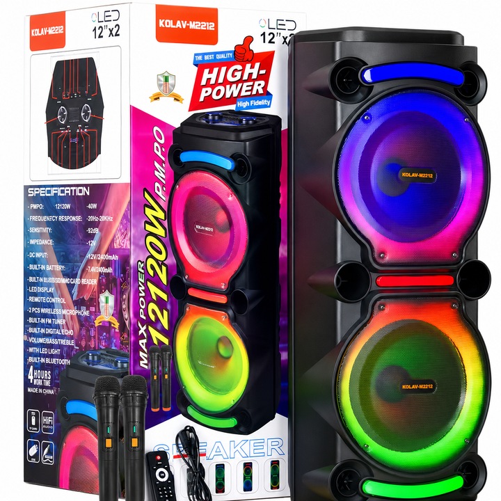 Преносима караоке тонколона Sing-e ZQS8212, 40W, 2 x 8", включен безжичен микрофон, Bluetooth, LED RGB, батерия 3600mAh, дистанционно управление
