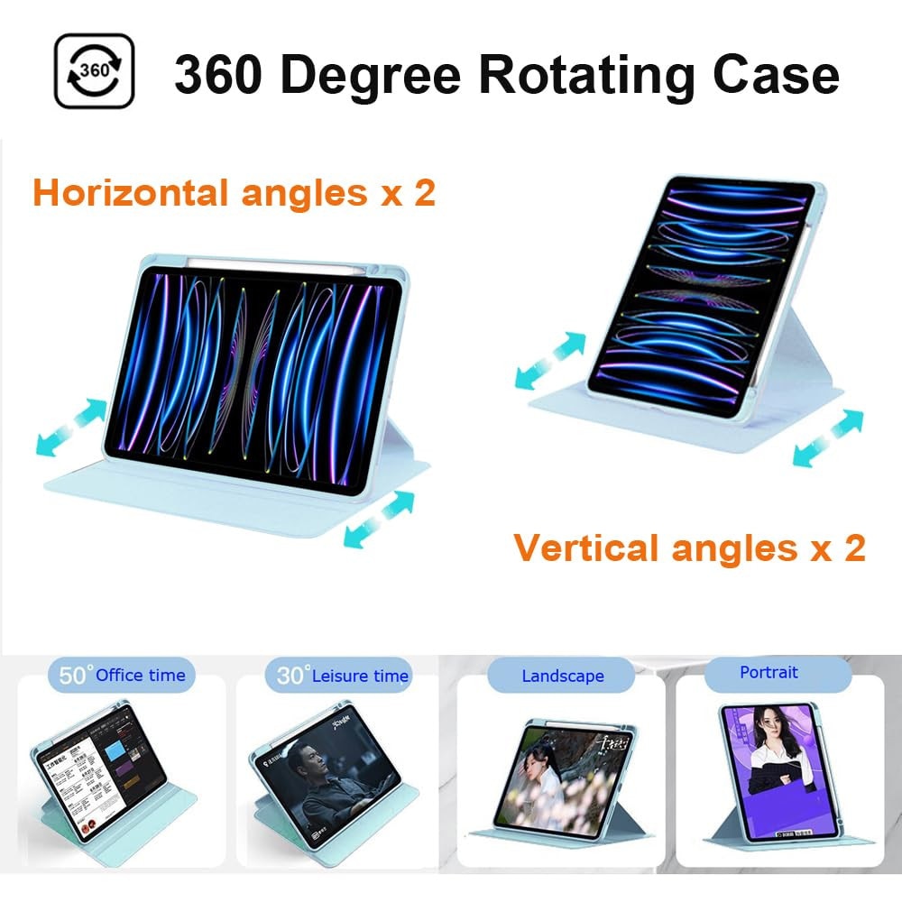 Husa tableta, pentru Honor Pad X8a 11 Inch, Casa de protectie pentru tablete cu slot pentru stilou, acrilic 360 ° design rotativ, trezire automata / somn, Albastru deschis