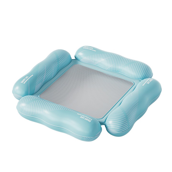 Felfújható vízi platform, 4 légkamra, kopásálló, ORBER, megnövelt vastagságú, hálóval, csíkos, felfújható ágy, összecsukható, játék, PVC, 110*100 cm, kék