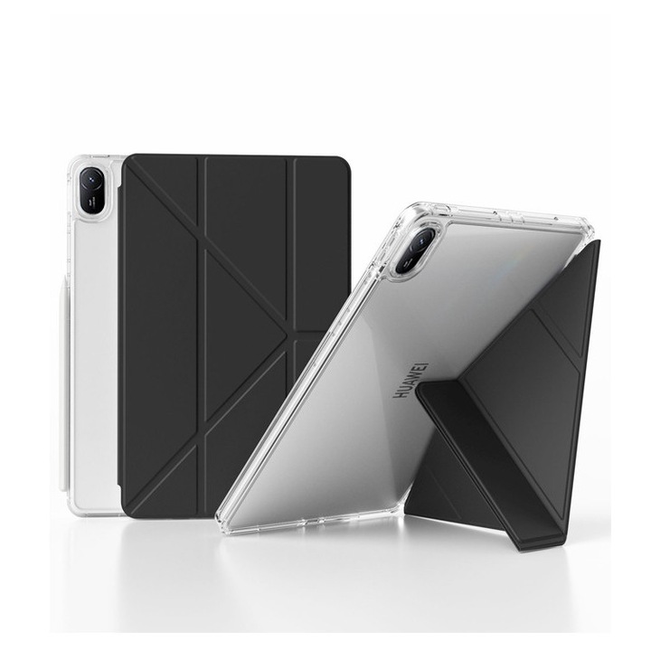 Husa tableta, pentru HUAWEI Matepad SE 11 inch, Triple Fold in forma de Y Design, Multi unghi, Capac de piele pentru tablete cu slot pentru stilou, Trezire automata / somn，Negru, Transparent