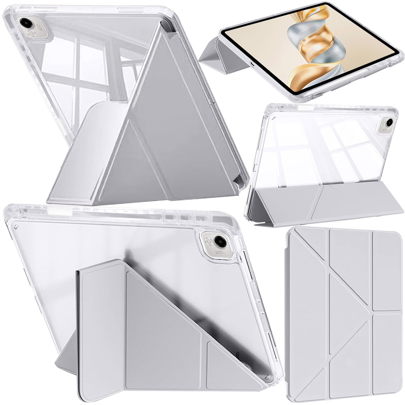 Husa tableta, pentru Honor Pad X9a 11.5 Inch, Triple Fold in forma de Y Design, Multi unghi, Capac de piele pentru tablete cu slot pentru stilou, Trezire automata / somn，Gri argintiu