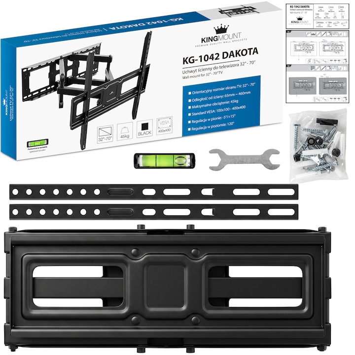 Suport TV de Perete KingMount KG-1042, Pivotant si Inclinabil, Diagonala 32”–70” / 81–178 cm, Max 45 kg, VESA 100x100–400x400, Extensibil 65–460 mm, Negru