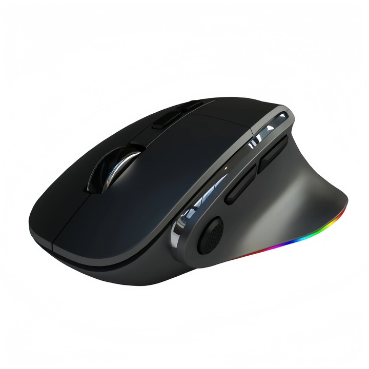 Mouse Bluetooth wireless, ergonomic, Dual-Mode, reincarcabil, iluminare RGB, pentru birou si gaming, Negru