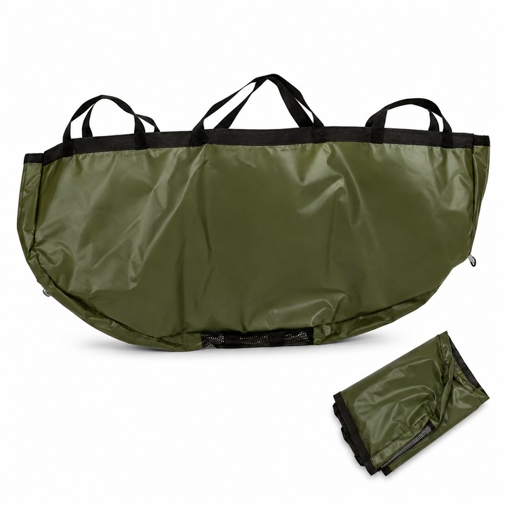 Geanta Pescuit pentru Cantarire si Transport Peste, Sac Cantarire Crap din PVC Impermeabil, Capacitate Mare 130x60x10 cm, cu Plasa de Scurgere si Fermoar, Manere Multiple, Pliabila si Compacta, Protectie Peste, Verde - Avyra