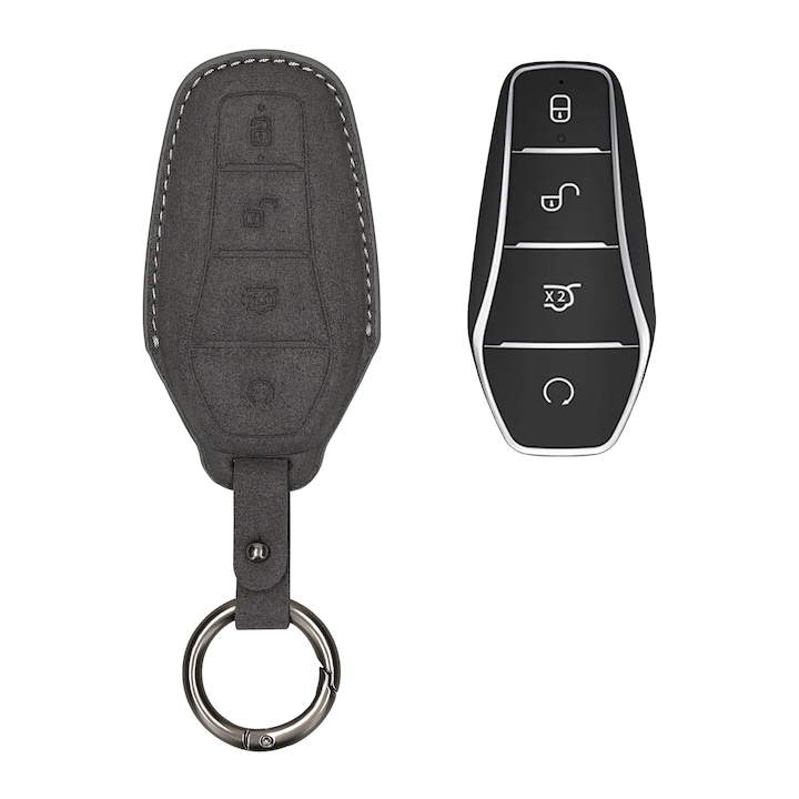Husa cheie auto Kwmobile pentru BYD Atto 3, Atto 2, Sealion, Han, prindere cu inel, anti-alunecare, piele ecologica, gri