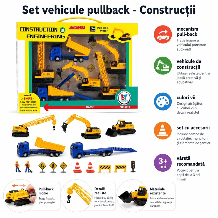 Járműkészlet Visszahúzható Építőipari Játékok Gyermekeknek, Fém Játékok Kotrógéppel, Daruval, Billenőplatós Teherautóval, Teherautóval és Építőipari Gépekkel, Visszahúzható Autók, Kiegészítők és Építési Téma, Sárga