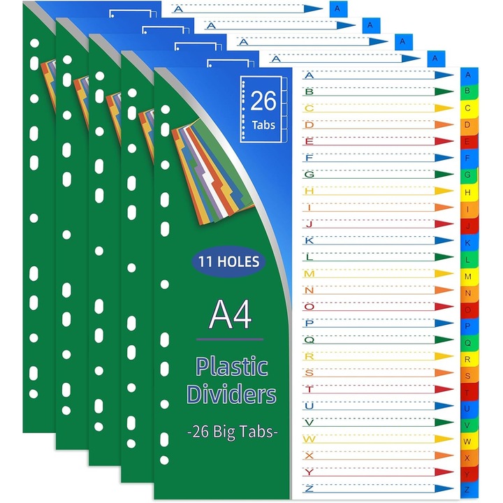 Разделители за папки А4, Komstuon, индекс, пастелни, 26 броя, 22,5 x 30 см, 11 дупки, водоустойчиви, изработени от издръжлива пластмаса