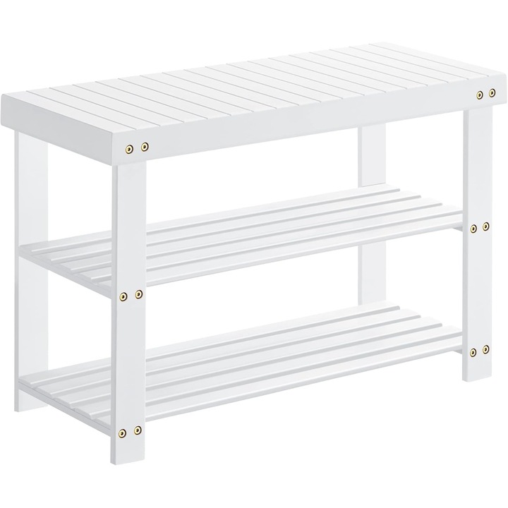 Cipőpad, SONGMICS a SONGMICS HOME-tól, bambusz, fehér, 70,1 x 28,7 x 45,3 cm, 2 polc, ülőfelület, legalább 6 pár cipőhöz, maximális terhelés 130 kg, előszobába, fürdőszobába és