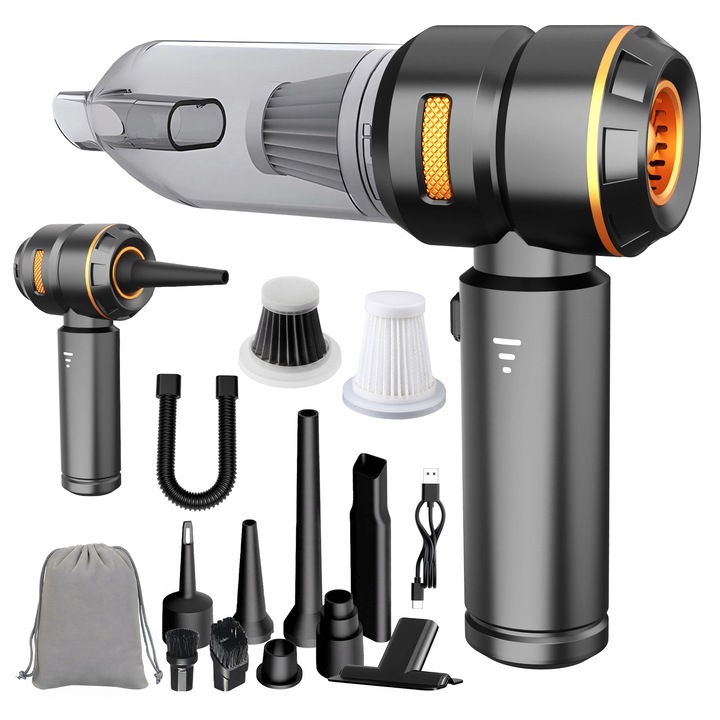 Aspirator Auto 4 in 1 Portabil, YiSHENG, Baterie 6000mAh, putere de aspirare :18000 pa, Timp de lucru :30 min. Functii: Aspirare, Suflare, Vacuum, Viteza reglabila pe 3 niveluri 8000Pa - 12000pa - 18000pa, 5 Accesorii incluse, Filtru HEPA, Mini aspirator